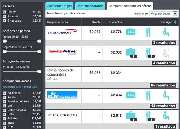 Comparação de companhias aéreas