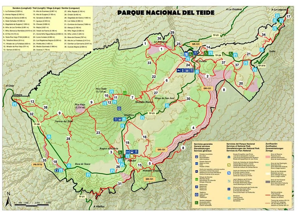 Mapa de trilhos do Parque Nacional do Teide