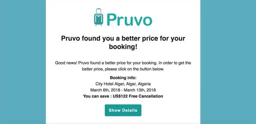 Email da Pruvo: poupar dinheiro em hotéis