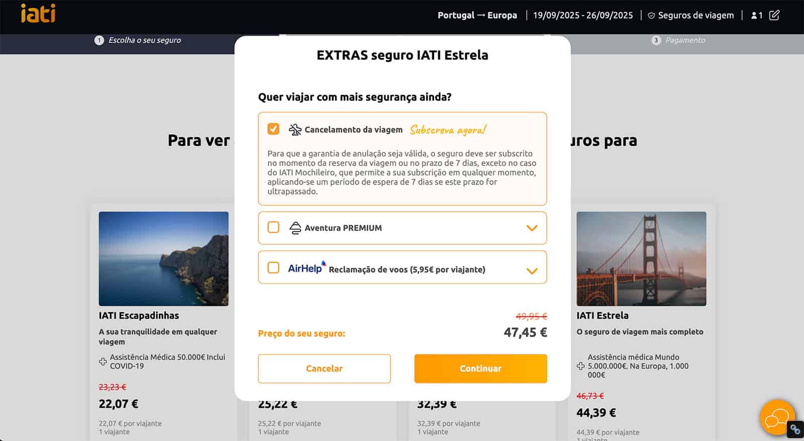 Simulação do preço do seguro de viagem para a Europa, com 5% de desconto