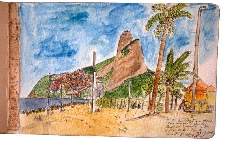 A favela do Vidigal e o Morro dos 2 Irmãos desenhados a partir da Pria de ipanema, Rio de Janeiro
